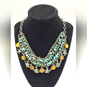 Vintage Chain Bib Necklace Silver Tone Star Fish Charms Faux Turquise Stone